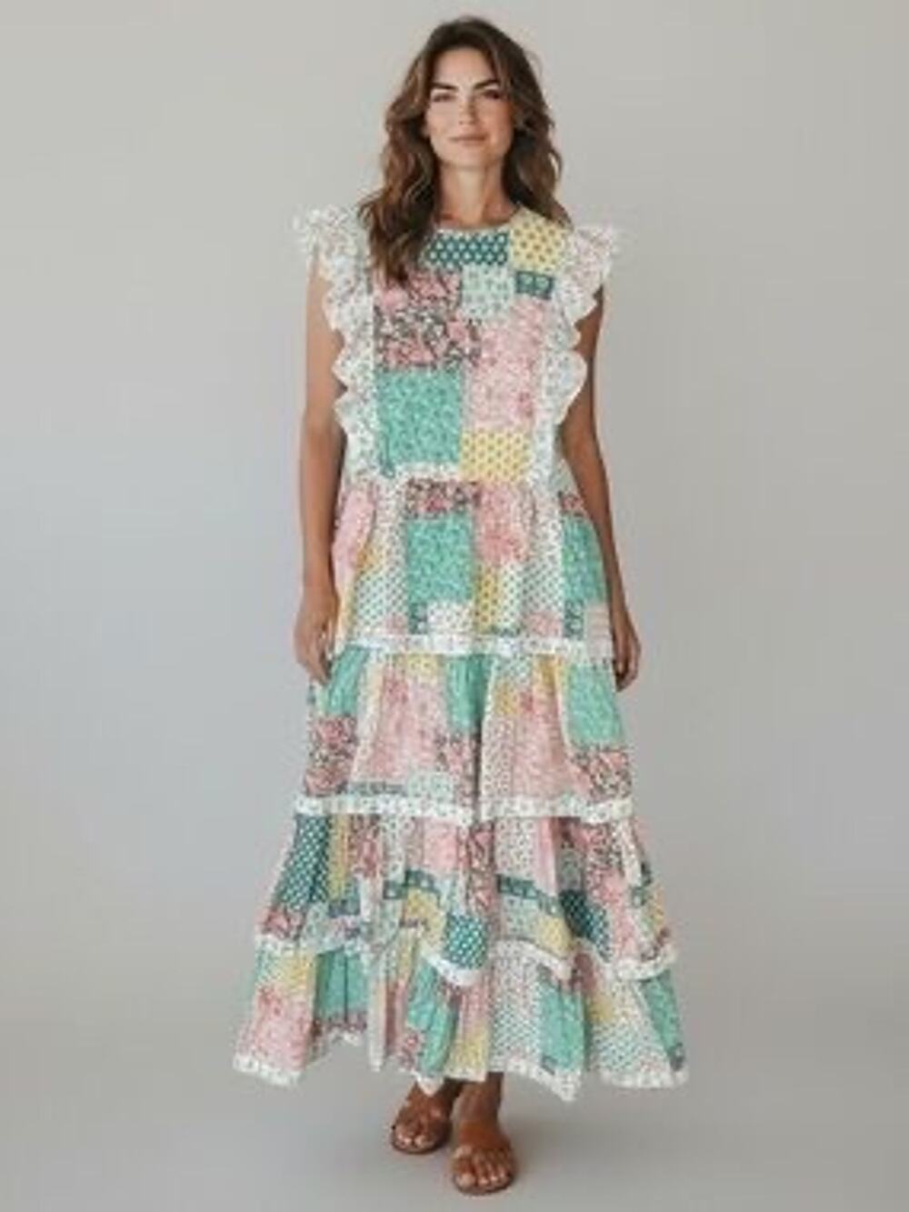 Simply Southern Hailey Patchwork Midi Dress Women's Size L Tiered Boho Chic NEW